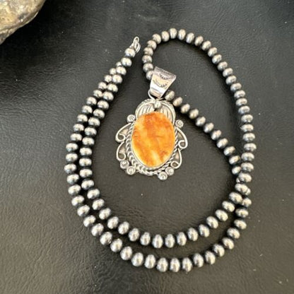 Women's Orange Spiny Oyster Pendant | Navajo Pearls Sterling Silver Necklace 21" | Handmade Jewelry | 16556