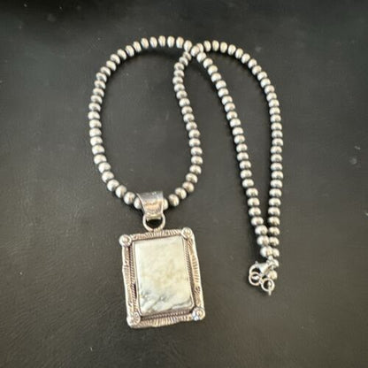 White Buffalo Turquoise Pendant | Navajo Pearls Sterling Silver Necklace | Authentic Native American Handmade | 17104