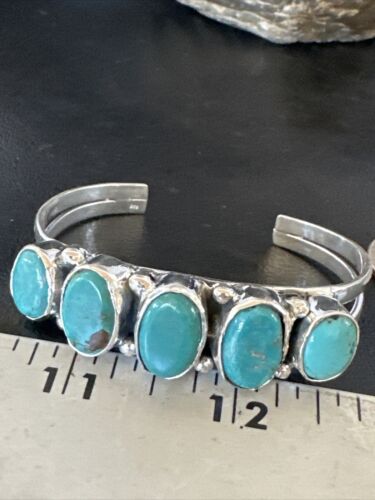 Women's Blue Turquoise 5-Stone Cuff Bracelet | Navajo Sterling Silver | Authentic Native American Jewelry | 16279