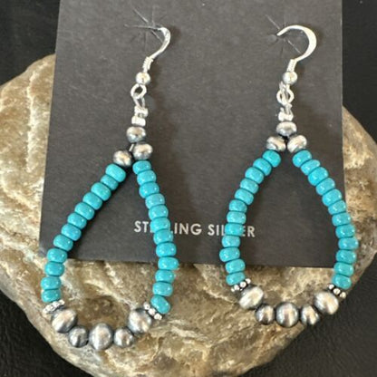 Navajo Teal Blue Turquoise 4mm Bead Earrings | Sterling Silver Pearls | 2" | Authentic Native American Handmade | 16823