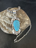 Navajo Kingman Turquoise Pendant Necklace | Sterling Silver Pearls | Authentic Native American Handmade | 15217