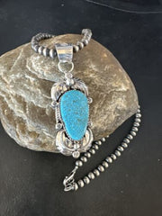Navajo Kingman Turquoise Pendant Necklace | Sterling Silver Pearls | Authentic Native American Handmade | 15217