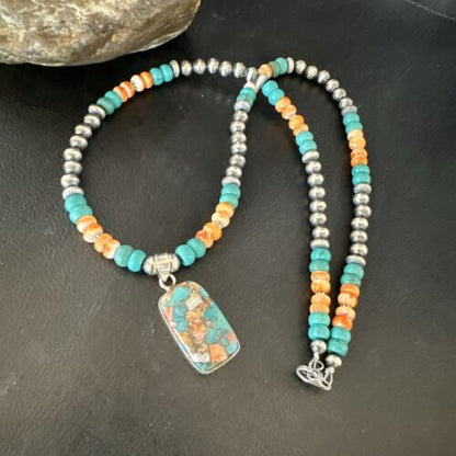 Navajo Spiny Turquoise Pendant Necklace | Sterling Silver | 21" | Authentic Native American Handmade | 17515