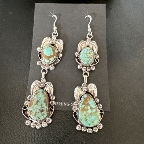 Navajo Blue Turquoise #8 Dangle Earrings | Sterling Silver | Authentic Native American Handmade | 16908