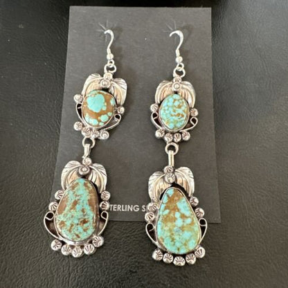 Navajo Blue Turquoise #8 Dangle Earrings | Sterling Silver | Authentic Native American Handmade | 16908