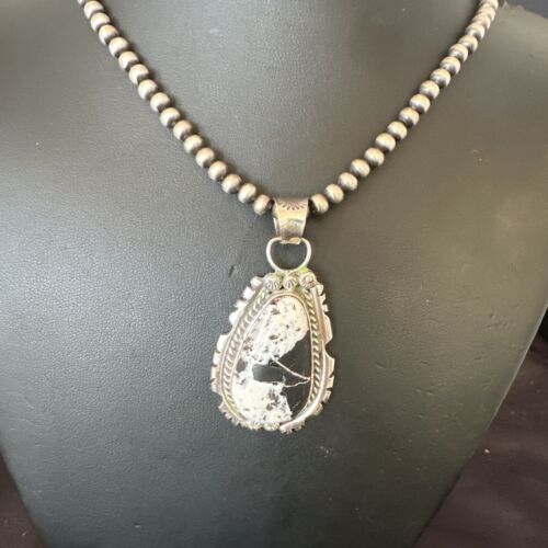 White Buffalo Turquoise Pendant | Navajo Pearls Sterling Silver Necklace | Authentic Native American Handmade | 17109