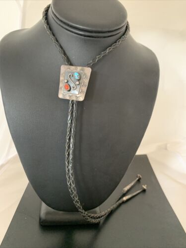 Navajo Turquoise Coral Bolo Tie | Sterling Silver | Authentic Native American Handmade | 02003 Bolo