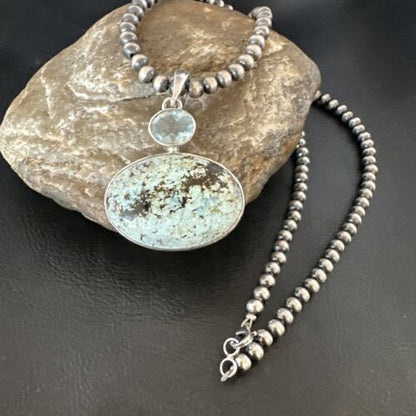 Navajo Dry Creek Turquoise Topaz Pendant Necklace | Sterling Silver | Authentic Native American Handmade | 16313