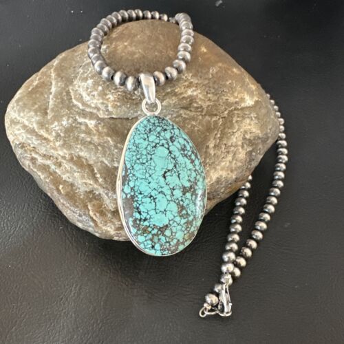 Men's Navajo Blue Spiderweb Turquoise Pendant Necklace | Sterling Silver | Authentic Native American Handmade | 16194