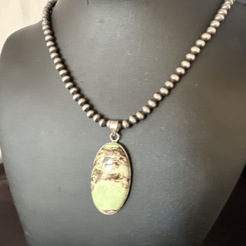 Navajo Green Gaspeite Pendant Necklace | Sterling Silver | Authentic Native American Handmade | 15481