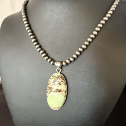 Navajo Green Gaspeite Pendant Necklace | Sterling Silver | Authentic Native American Handmade | 15481