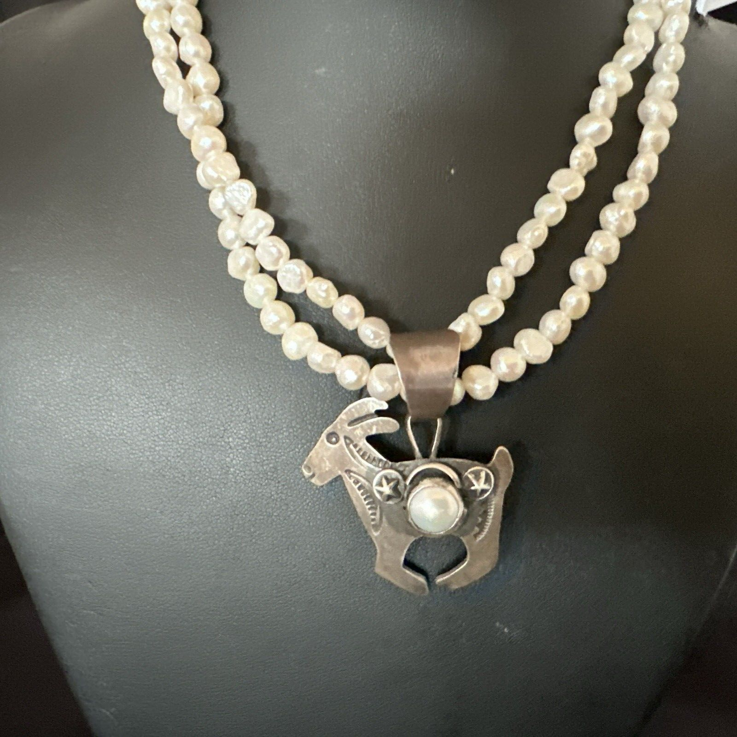 Navajo Old Pawn White Freshwater Pearl Sterling Silver Pendant Necklace | 14" Multi-Strand | 17369