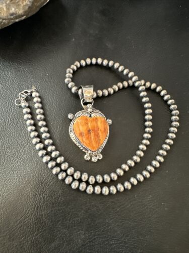 Navajo Orange Spiny Oyster Heart Pendant Necklace | Sterling Silver | Authentic Native American Handmade | 16415