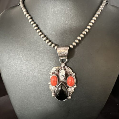 Navajo White Buffalo Coral Onyx Pearls Cluster Pendant | Sterling Silver | Native American Handmade | 15369