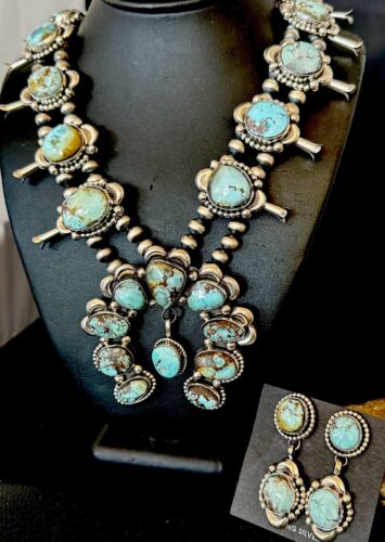 Navajo Blue Golden Hills Turquoise Squash Blossom Necklace & Earrings | Sterling Silver | 17211