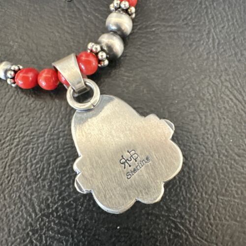 Southwestern Navajo Red Coral Pendant Necklace | Sterling Silver Pearls | 21" | 17538