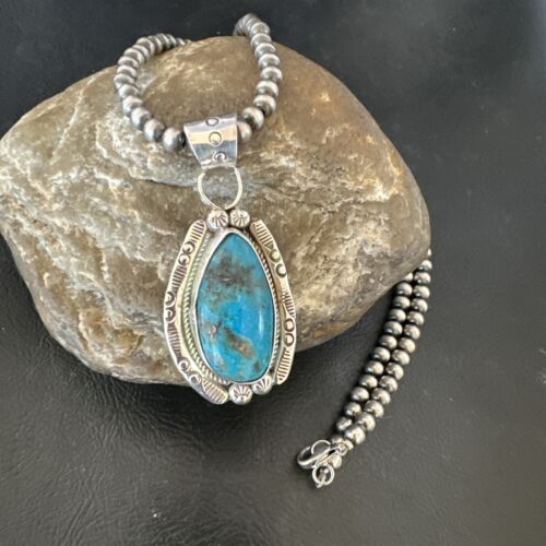 Navajo Pearls Kingman Turquoise Pendant Necklace | Sterling Silver | Authentic Native American Handmade | 17127