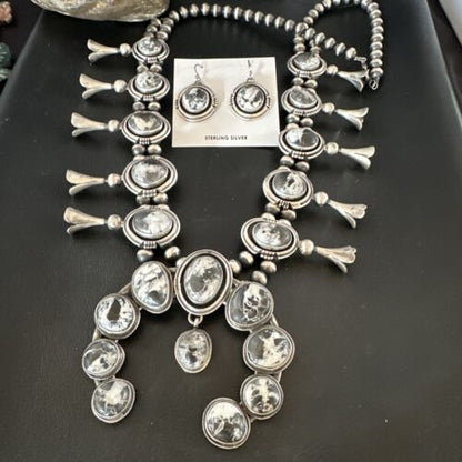 Navajo White Buffalo Turquoise Squash Blossom Necklace & Earrings | Sterling Silver | 16547