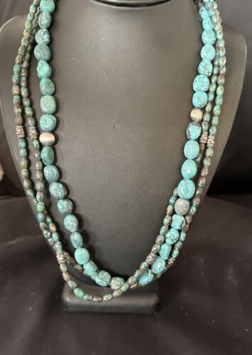 Navajo Spiderweb Turquoise Necklace | 3 Strands | Sterling Silver | 24" | Authentic Native American Handmade | 17403