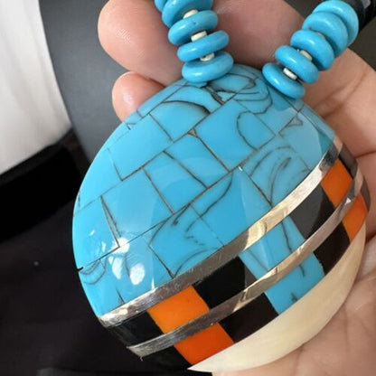 Santo Domingo Shell Turquoise Spiny Inlay Necklace | Sterling Silver | 22" | Authentic Native American Handmade | 15321