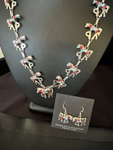 Navajo Turquoise Coral Mother of Pearl Horse Inlay Necklace & Earrings Set | Sterling Silver | Authentic Native American Handmade