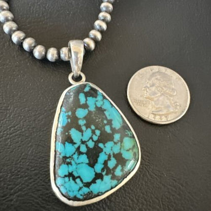 Men's Navajo Blue Spiderweb Turquoise Pendant Necklace | Sterling Silver | Authentic Native American Handmade | 16218