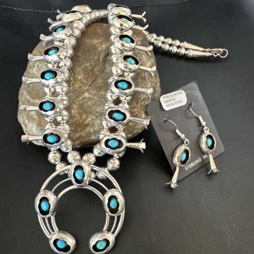 Navajo Kingman Turquoise Squash Blossom Necklace | Sterling Silver | Authentic Native American Handmade | 16087