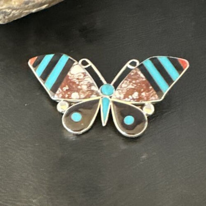 Zuni Butterfly Wild Horse Turquoise Onyx Inlay Pin Pendant | Sterling Silver | Authentic Native American Handmade | 15152