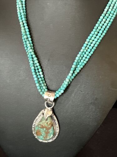 Blue Turquoise Pendant | Navajo Pearls | Sterling Silver Bead Necklace 17" | Multi-Strand | 15994
