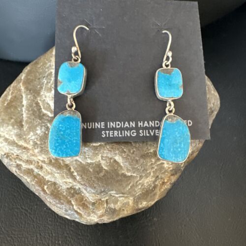 Navajo Blue Kingman Turquoise Dangle Earrings | Sterling Silver | Authentic Native American Handmade | 15111