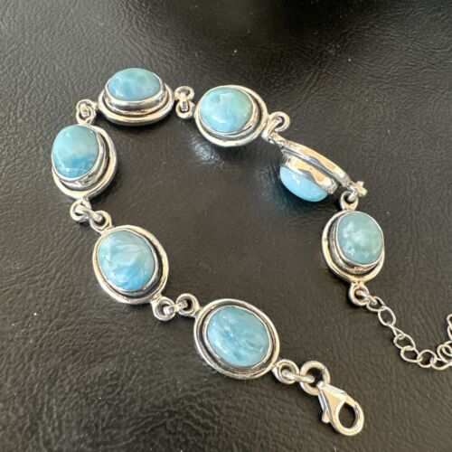 Navajo Blue Larimar Bracelet | Sterling Silver Link | 8" | Authentic Native American Handmade | 16076