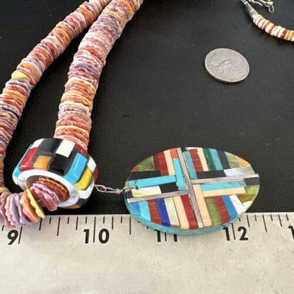 Santo Domingo Multi-Color Spiny Inlay Pendant Necklace | Sterling Silver | 32" | 16854