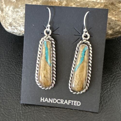 Navajo Blue Boulder Turquoise Dangle Earrings | Sterling Silver | Authentic Native American Handmade | 16498