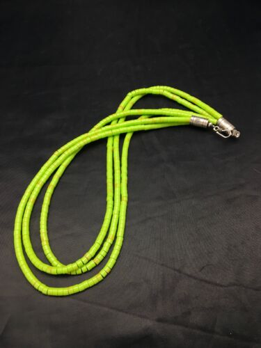 Heishi Bead Necklace Stabilized Gaspeite | 3-Strand | Sterling Silver | Native American Handmade | 2599