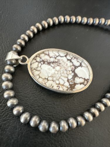 Navajo Wild Horse Turquoise Pendant Necklace | Sterling Silver Pearls | Authentic Native American Handmade | 15716