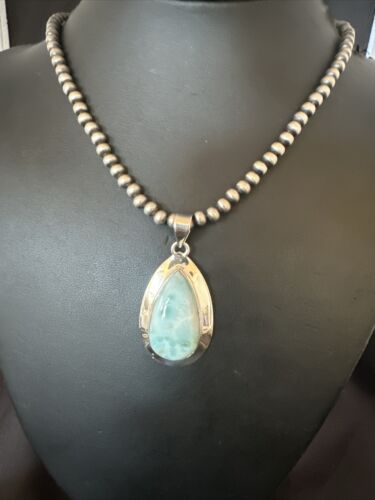 Navajo Blue Larimar Pendant Necklace | Sterling Silver Beads | Authentic Native American Handmade | 17567