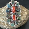 Navajo Spiderweb Turquoise Coral Cluster Ring | Authentic Native American Sterling Silver | Multi-Stone | Sz 10 | 17183