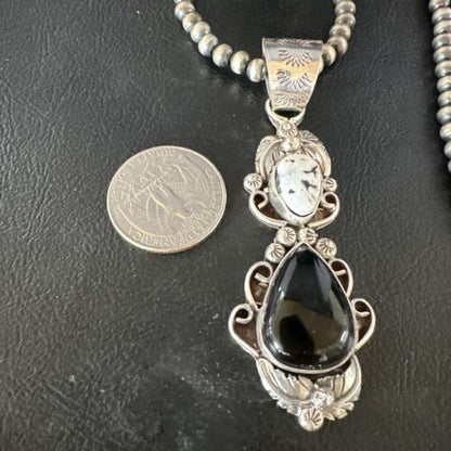 Navajo White Buffalo Turquoise & Onyx Pendant Necklace | Sterling Silver | Multi-Stone | 15315