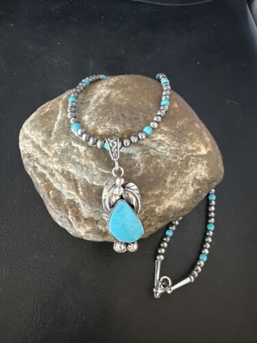 Navajo Pearls Kingman Turquoise Pendant Necklace | Sterling Silver | Authentic Native American Handmade | 14890