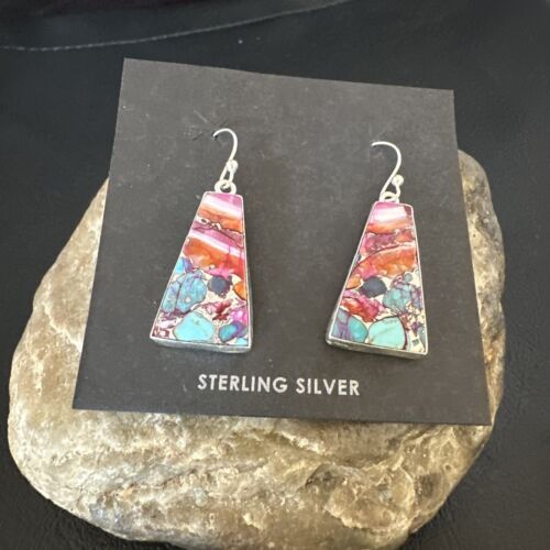 Navajo Blue Turquoise Red Spiny Oyster Inlay Dangle Earrings | Sterling Silver | Authentic Native American Handmade | 15577