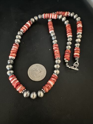 Navajo Pearls Red Spiny Oyster Necklace | 8mm Sterling Silver | Authentic Native American Handmade | 22" | 14850