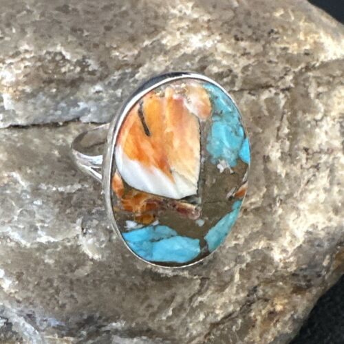 Navajo Turquoise Spiny Oyster Ring | Sterling Silver | Sz 8 | Authentic Native American Handmade | 16622