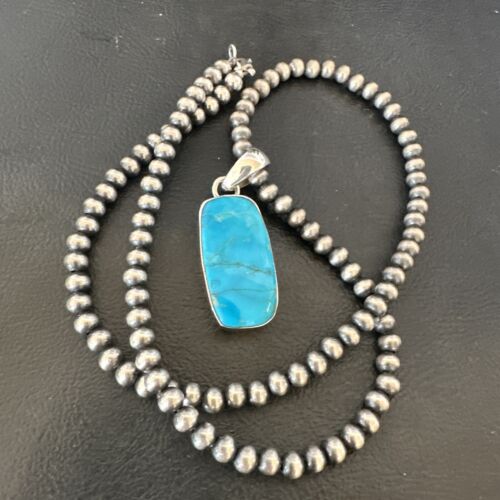 Navajo Blue Kingman Turquoise Pendant Necklace | Sterling Silver | 20" | Authentic Native American Handmade | 16701