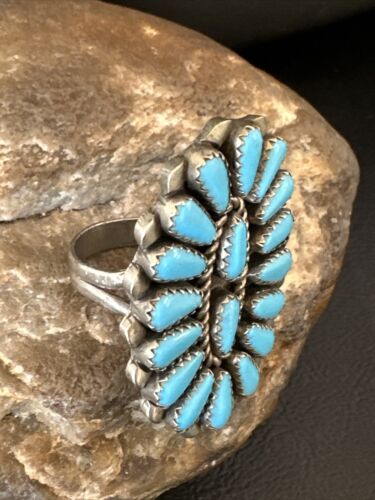 Navajo Blue Turquoise Cluster Ring | Authentic Native American Sterling Silver | Multi-Stone | Sz 8 | 16326