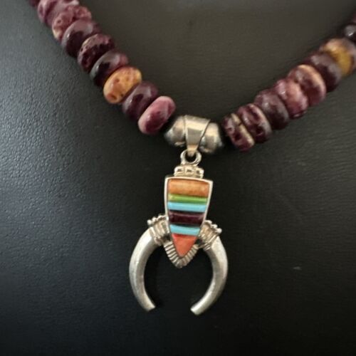Navajo Purple Spiny Oyster Turquoise Naja Pendant Necklace | Sterling Silver | Authentic Native American Handmade | 16809
