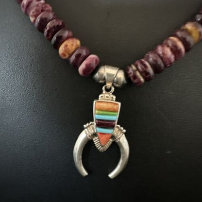 Navajo Purple Spiny Oyster Turquoise Naja Pendant Necklace | Sterling Silver | Authentic Native American Handmade | 16809