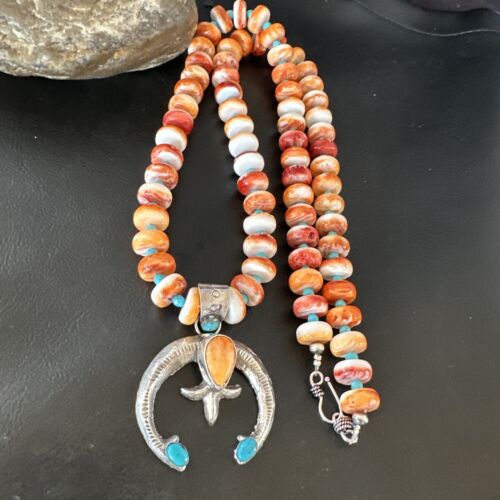 Navajo Blue Turquoise Spiny Oyster Naja Pendant Necklace | Sterling Silver | Authentic Native American Handmade | 16262