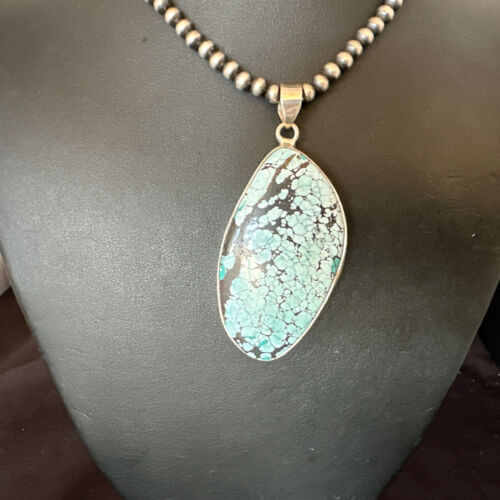 Men's Navajo Blue Spiderweb Turquoise Pendant Necklace | Sterling Silver | Authentic Native American Handmade | 16231