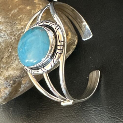 Navajo Blue Kingman Turquoise Cuff Bracelet | Sterling Silver | Authentic Native American Handmade | 16247