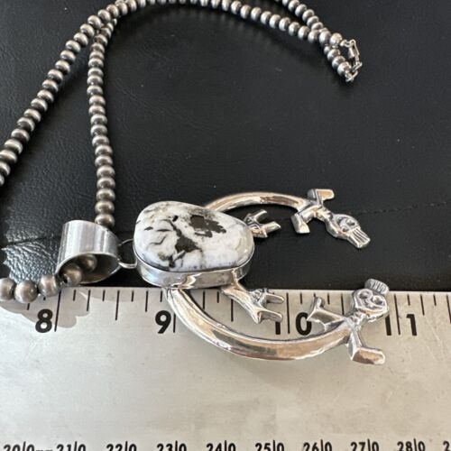 Navajo White Buffalo Turquoise Naja Pendant Necklace | Sterling Silver | Authentic Native American Handmade | 17122